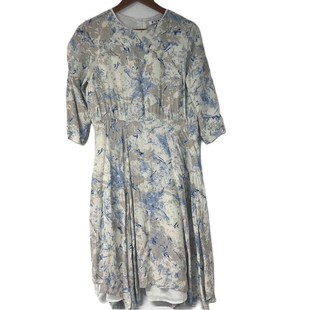 Story Fairlad Woman's Asymetrical Midi Dress blue beige tan size large